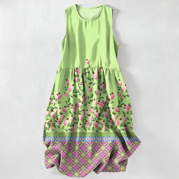 Buddha Stones Summer Casual Floral Border Pattern Women's Summer Sleeveless Midi Dress With Pockets - LightGreen - US16，UK/AU20，EU48 (3XL) - image 4