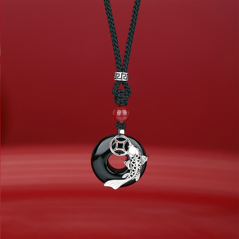 Buddha Stones Jade Koi Fish Success Braided Circular Chinese Style Necklace - Black Onyx(Protection ♥ Fortune) - silver(Purity ♥ Intuition) - image 4
