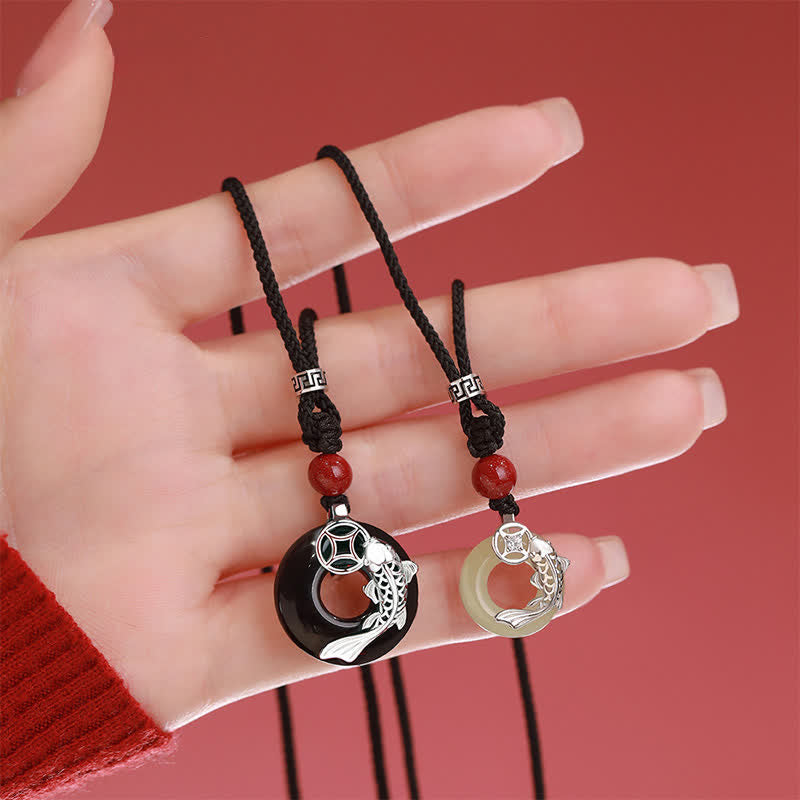 Buddha Stones Jade Koi Fish Success Braided Circular Chinese Style Necklace - image 1