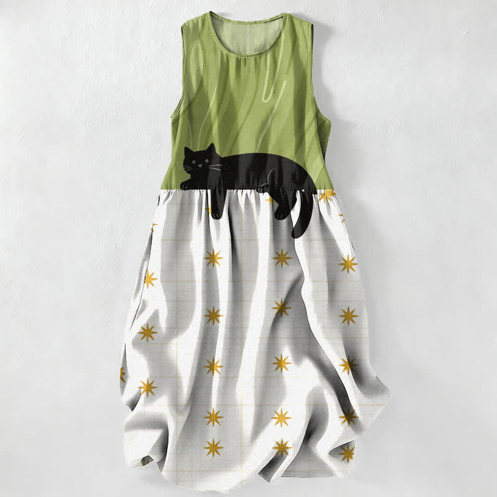 Buddha Stones Summer Casual Black Cat Stars Pattern Women's Summer Sleeveless Midi Dress With Pockets - YellowGreen - US16，UK/AU20，EU48 (3XL) - image 0