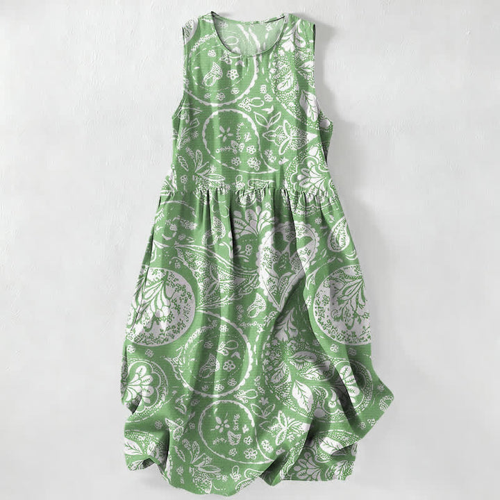 Buddha Stones Summer Casual White Medallion Floral Pattern Women's Summer Sleeveless Midi Dress With Pockets - PaleGreen - US16，UK/AU20，EU48 (3XL) - image 0