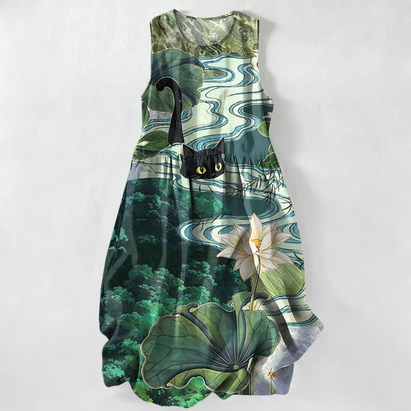 Buddha Stones Summer Casual Lotus Black Cat Pattern Women's Summer Sleeveless Midi Dress With Pockets - Teal - US16，UK/AU20，EU48 (3XL) - image 0