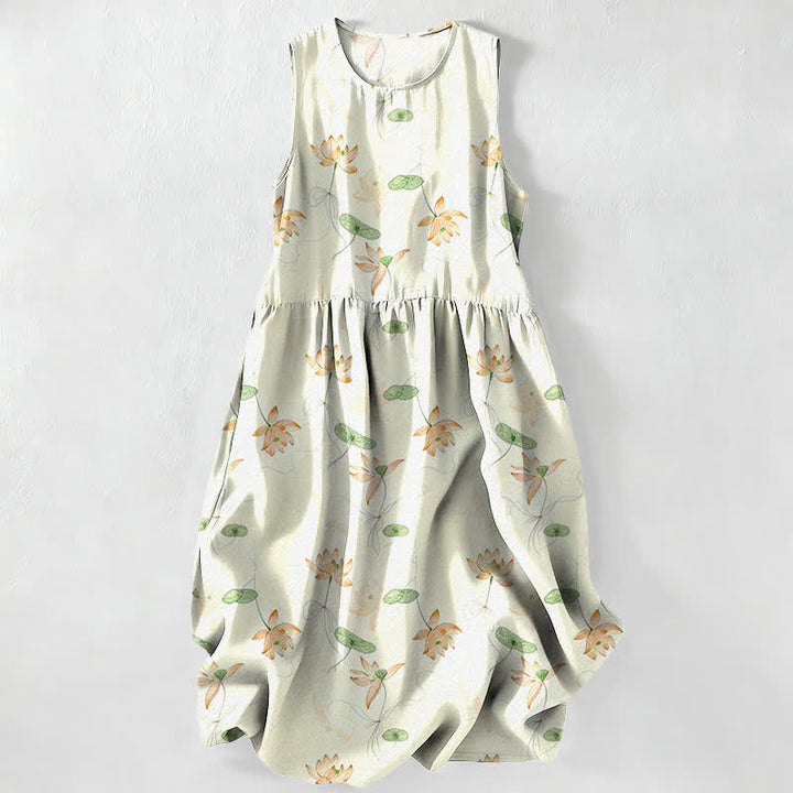 Buddha Stones Summer Casual Lotus Leaves Pattern Women's Summer Sleeveless Midi Dress With Pockets - Honeydew - US16，UK/AU20，EU48 (3XL) - image 8