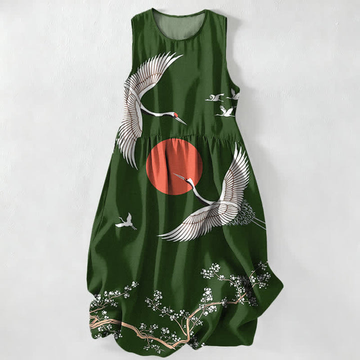 Buddha Stones Summer Casual Crane Red Sun Pattern Women's Summer Sleeveless Midi Dress With Pockets - ForestGreen - US16，UK/AU20，EU48 (3XL) - image 8