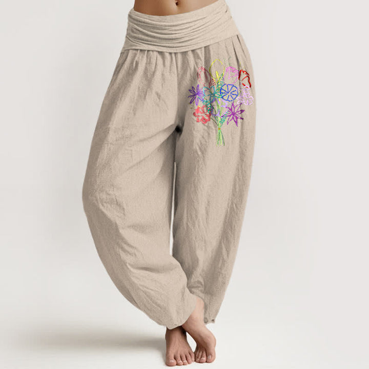 Buddha Stones Pure Cotton Floral Bouquet Pattern Women's Elastic Waist Harem Pants - Tan - US16，UK/AU20，EU48 (3XL) - image 14