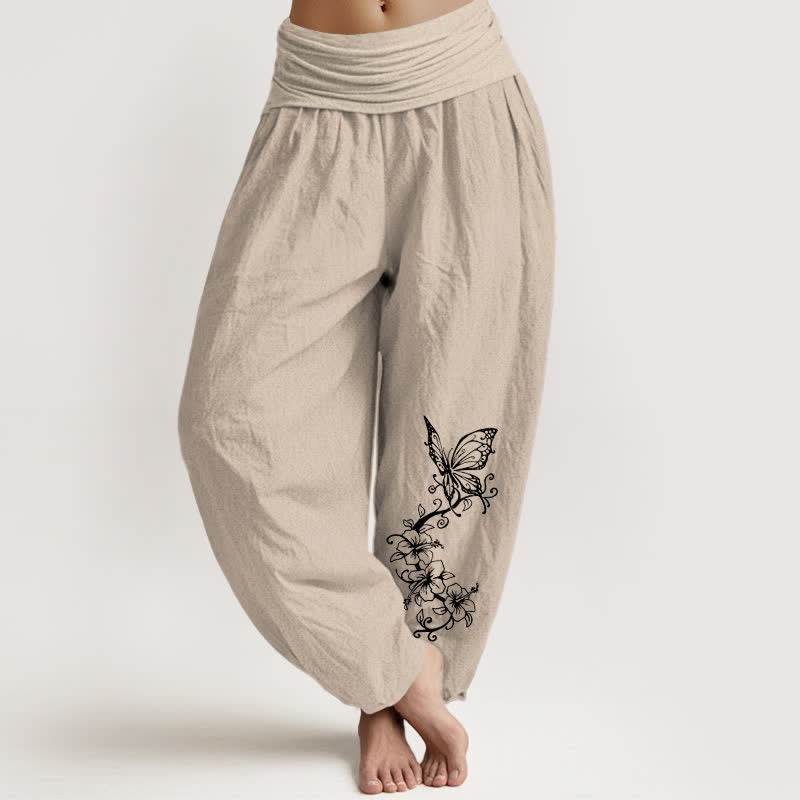 Buddha Stones Pure Cotton Butterfly Floral Pattern Women's Elastic Waist Harem Pants - Tan - US16，UK/AU20，EU48 (3XL) - image 14