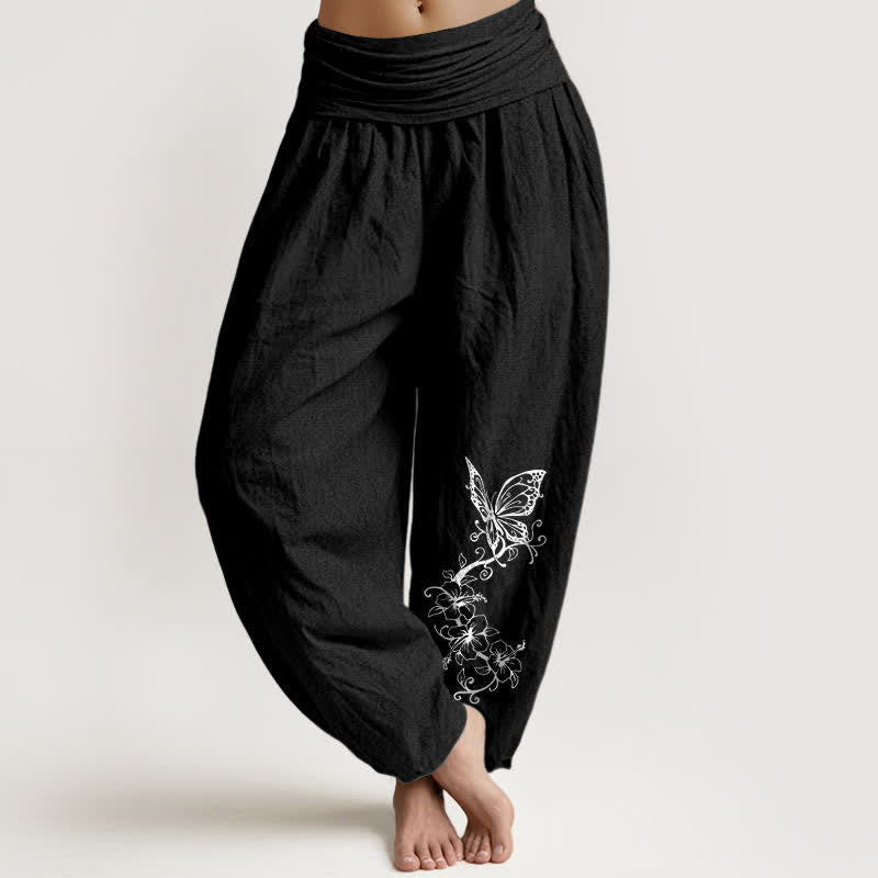 Buddha Stones Pure Cotton Butterfly Floral Pattern Women's Elastic Waist Harem Pants - Black - US16，UK/AU20，EU48 (3XL) - image 5