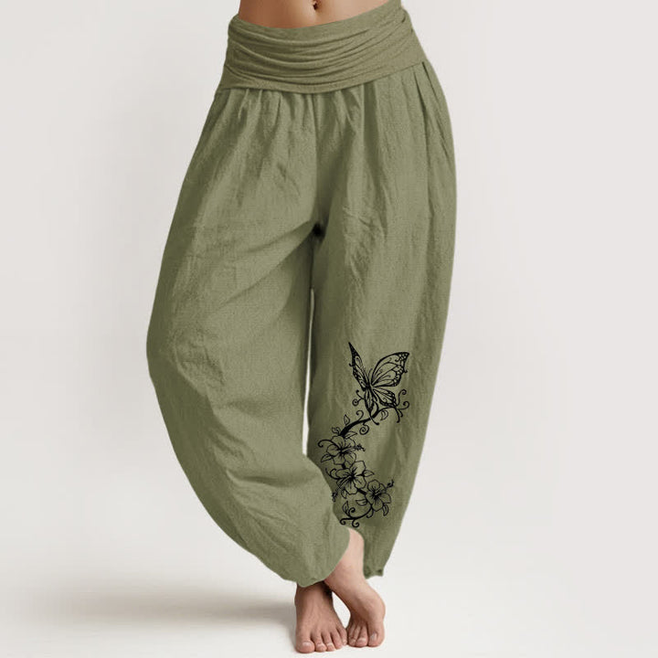 Buddha Stones Pure Cotton Butterfly Floral Pattern Women's Elastic Waist Harem Pants - OliveDrab - US16，UK/AU20，EU48 (3XL) - image 11