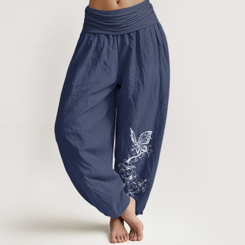 Buddha Stones Pure Cotton Butterfly Floral Pattern Women's Elastic Waist Harem Pants - DarkSlateBlue - US16，UK/AU20，EU48 (3XL) - image 0