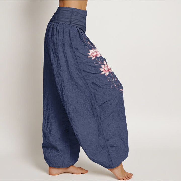 Buddha Stones Pure Cotton Lotus Blossom Pattern Women's Elastic Waist Harem Pants - image 7