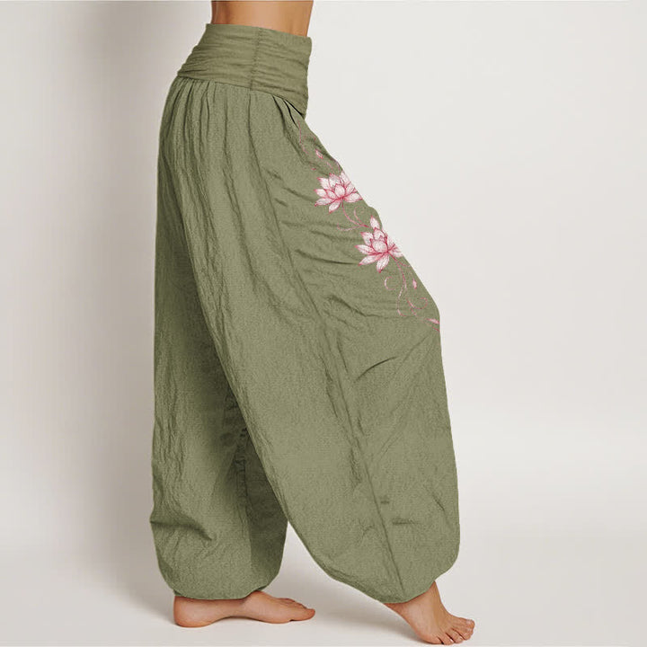 Buddha Stones Pure Cotton Lotus Blossom Pattern Women's Elastic Waist Harem Pants - image 13