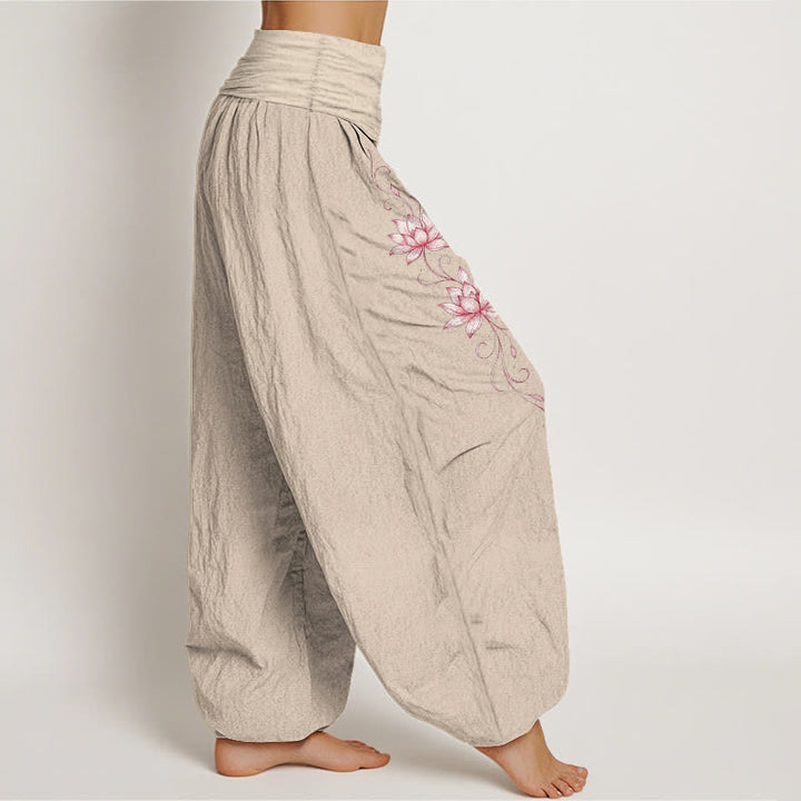 Buddha Stones Pure Cotton Lotus Blossom Pattern Women's Elastic Waist Harem Pants - image 16
