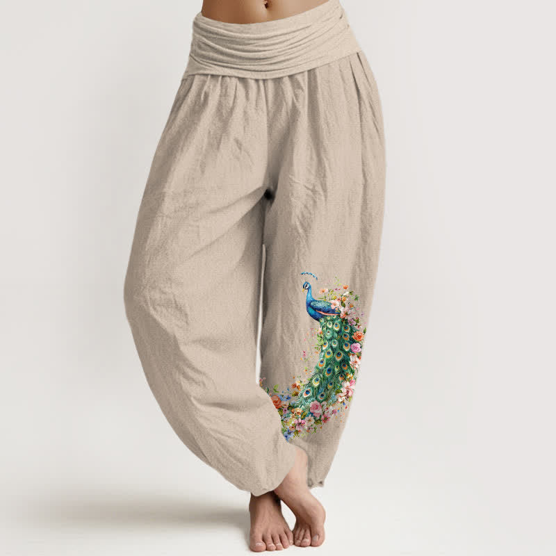 Buddha Stones Pure Cotton Peacock Floral Pattern Women's Elastic Waist Harem Pants - Tan - US16，UK/AU20，EU48 (3XL) - image 14