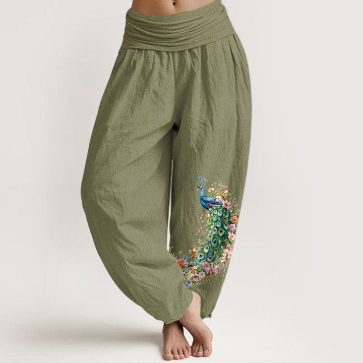 Buddha Stones Pure Cotton Peacock Floral Pattern Women's Elastic Waist Harem Pants - OliveDrab - US16，UK/AU20，EU48 (3XL) - image 11
