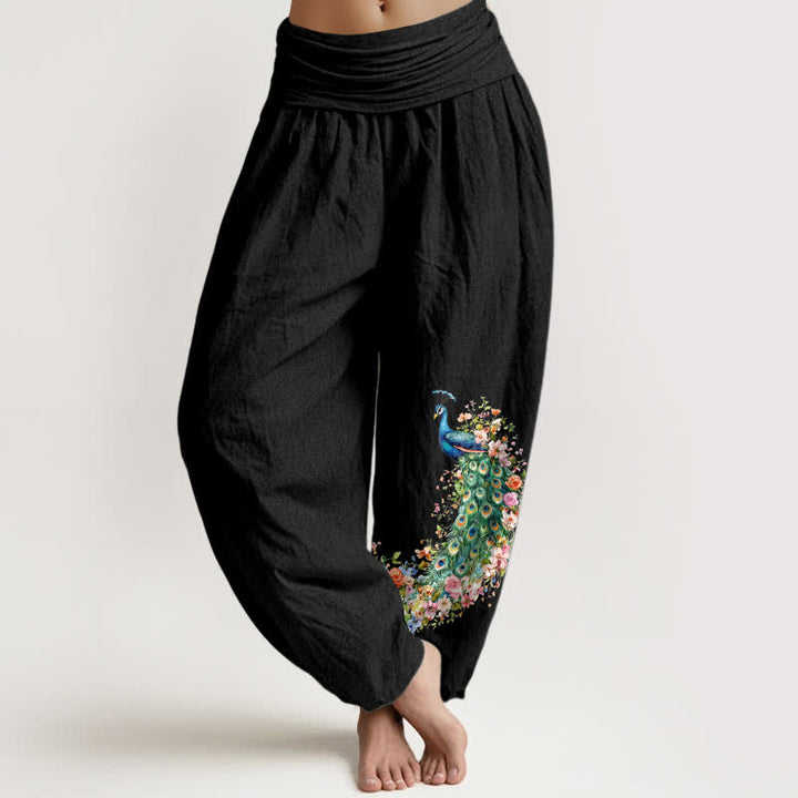 Buddha Stones Pure Cotton Peacock Floral Pattern Women's Elastic Waist Harem Pants - Black - US16，UK/AU20，EU48 (3XL) - image 0