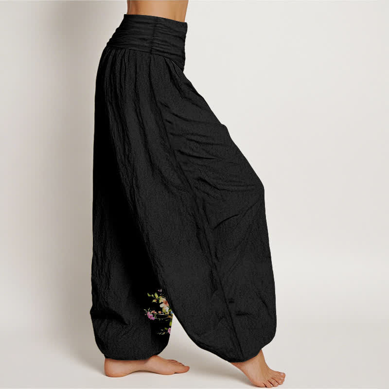 Buddha Stones Pure Cotton Peacock Floral Pattern Women's Elastic Waist Harem Pants - image 2