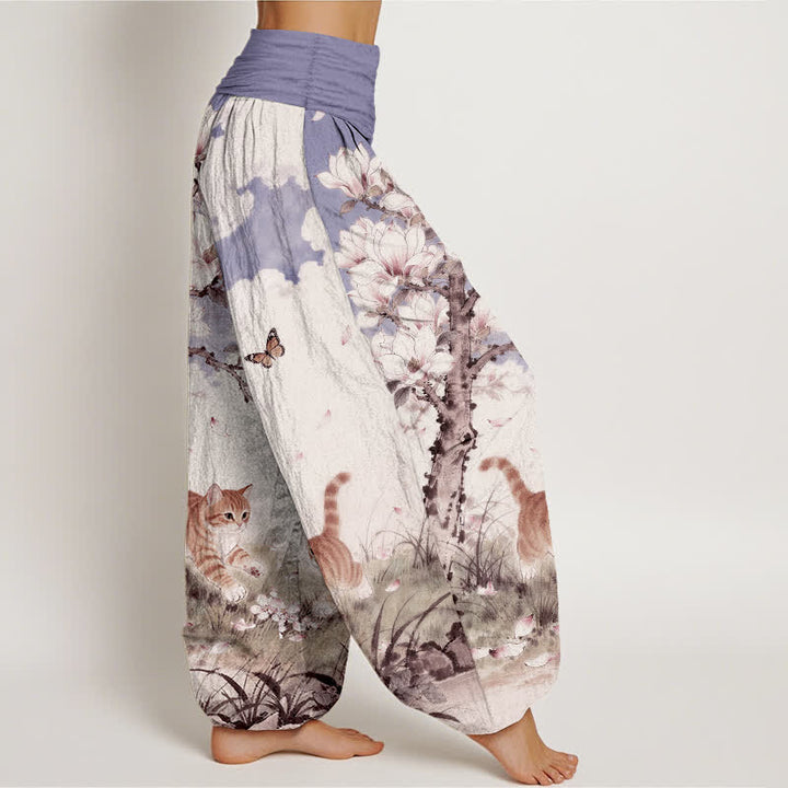 Buddha Stones Pure Cotton Magnolia Orange Tabby Cats Pattern Women's Elastic Waist Harem Pants - image 10