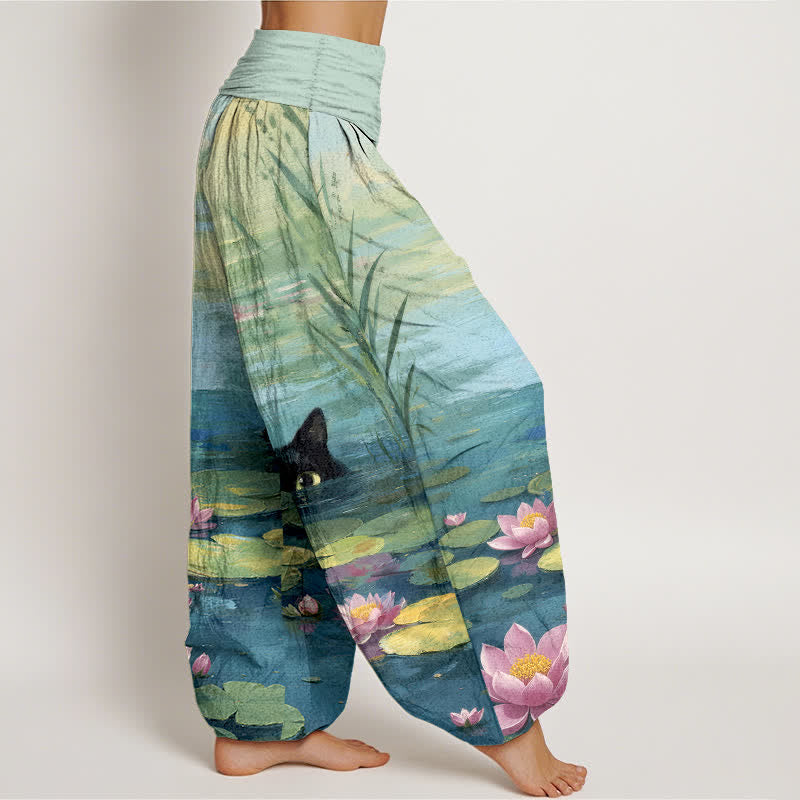 Buddha Stones Cotton Lotus Pond Cat Pattern Women's Elastic Waist Harem Pants - image 2