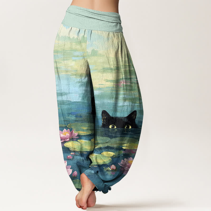 Buddha Stones Cotton Lotus Pond Cat Pattern Women's Elastic Waist Harem Pants - image 1