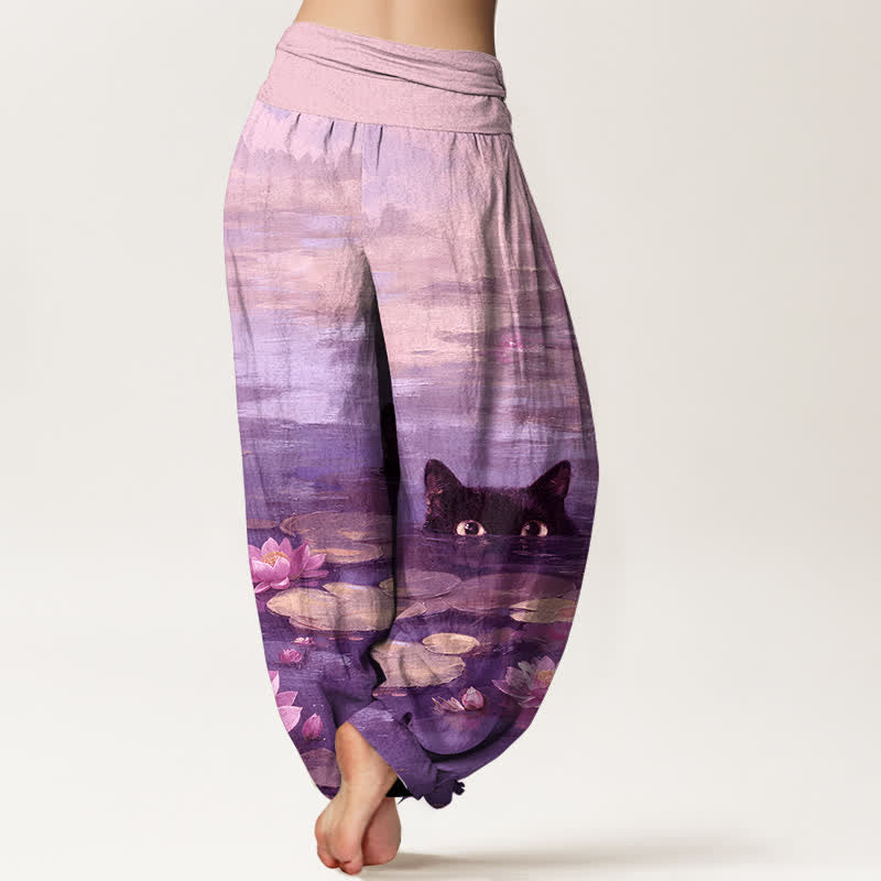 Buddha Stones Cotton Lotus Pond Cat Pattern Women's Elastic Waist Harem Pants - image 6