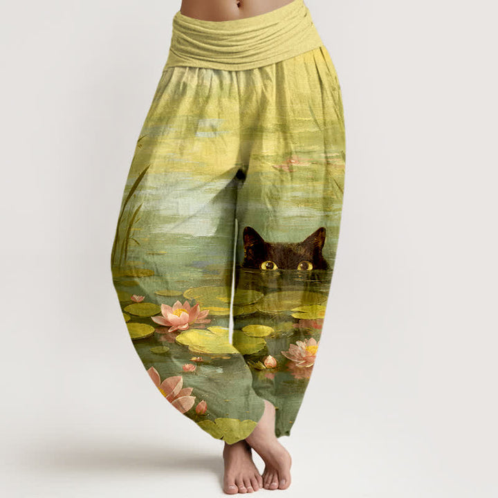 Buddha Stones Cotton Lotus Pond Cat Pattern Women's Elastic Waist Harem Pants - YellowGreen - US16，UK/AU20，EU48 (3XL) - image 8