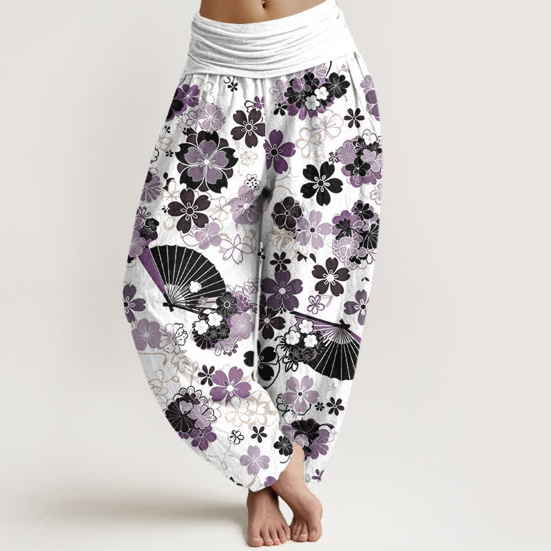 Buddha Stones Cotton Cherry Blossoms Floral Fan Pattern Women's Elastic Waist Harem Pants - Thistle - US16，UK/AU20，EU48 (3XL) - image 0