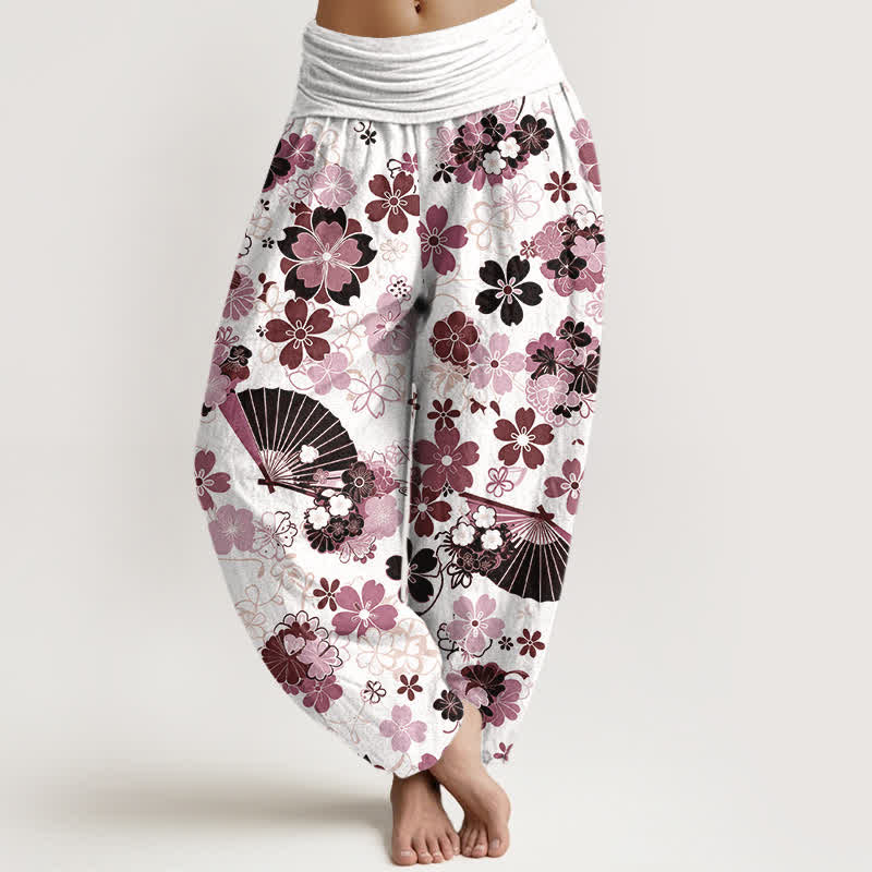 Buddha Stones Cotton Cherry Blossoms Floral Fan Pattern Women's Elastic Waist Harem Pants - RosyBrown - US16，UK/AU20，EU48 (3XL) - image 5