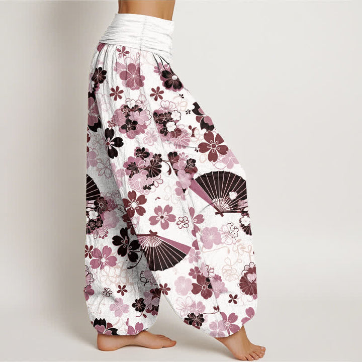 Buddha Stones Cotton Cherry Blossoms Floral Fan Pattern Women's Elastic Waist Harem Pants - image 7