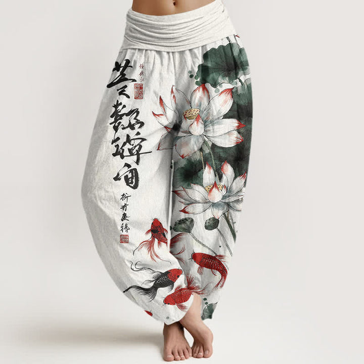 Buddha Stones Cotton Lotus Red Koi Fish Ink Calligraphy Pattern Women's Elastic Waist Harem Pants - FloralWhite - US16，UK/AU20，EU48 (3XL) - image 0
