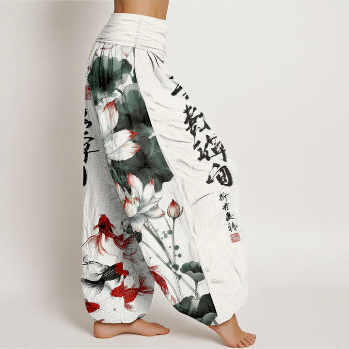 Buddha Stones Cotton Lotus Red Koi Fish Ink Calligraphy Pattern Women's Elastic Waist Harem Pants - image 2