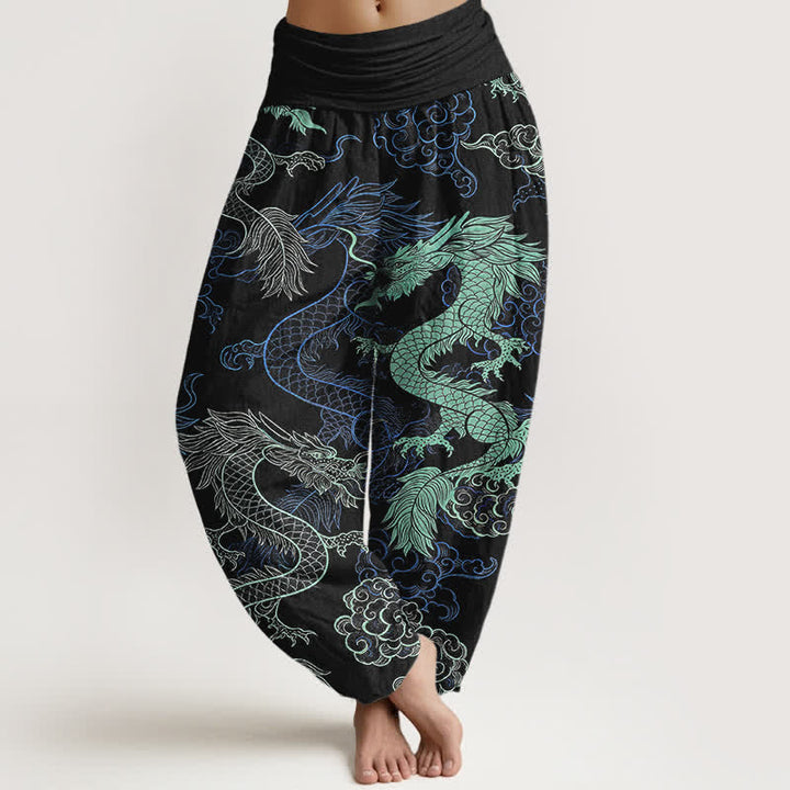 Buddha Stones Cotton Azure Dragon Pattern Women's Elastic Waist Harem Pants - Black - US16，UK/AU20，EU48 (3XL) - image 0