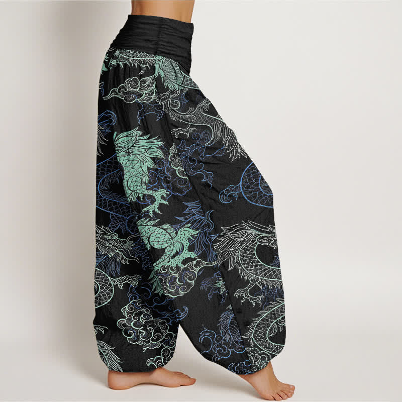 Buddha Stones Cotton Azure Dragon Pattern Women's Elastic Waist Harem Pants - image 2