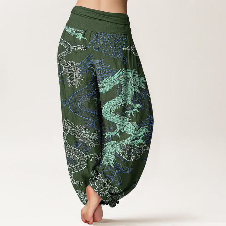 Buddha Stones Cotton Azure Dragon Pattern Women's Elastic Waist Harem Pants - image 6