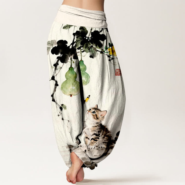 Buddha Stones Cotton Ink Cat Gourd Pattern Women's Elastic Waist Harem Pants - image 1