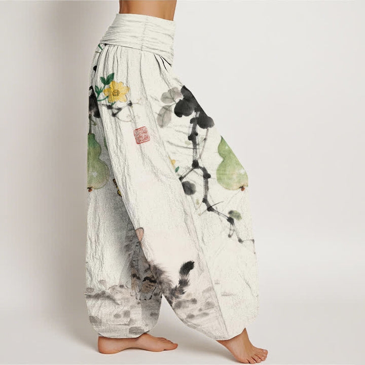 Buddha Stones Cotton Ink Cat Gourd Pattern Women's Elastic Waist Harem Pants - image 2