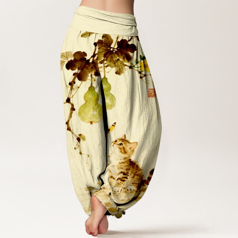Buddha Stones Cotton Ink Cat Gourd Pattern Women's Elastic Waist Harem Pants - image 9