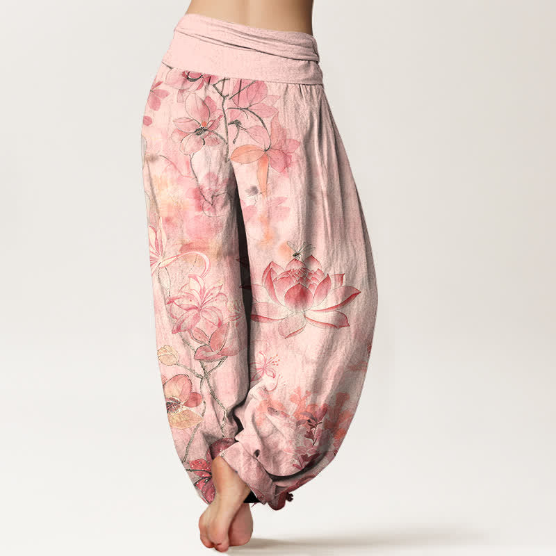Buddha Stones Cotton Lotus Bloom Dragonfly Pattern Women's Elastic Waist Harem Pants - image 1