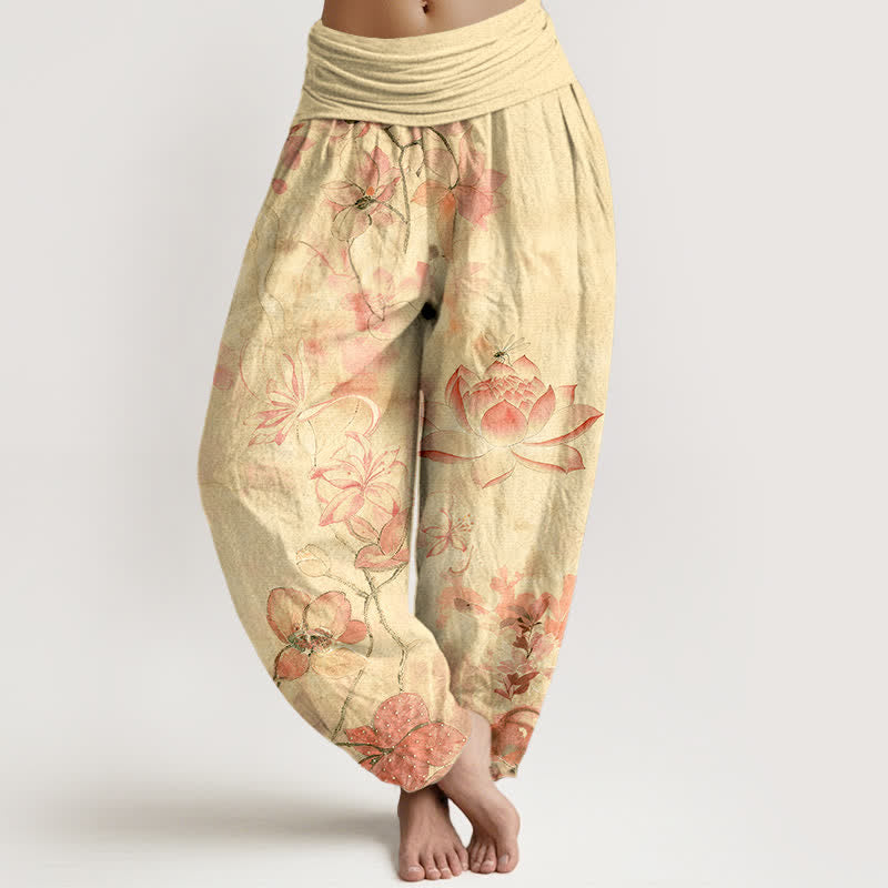 Buddha Stones Cotton Lotus Bloom Dragonfly Pattern Women's Elastic Waist Harem Pants - LemonChiffon - US16，UK/AU20，EU48 (3XL) - image 8