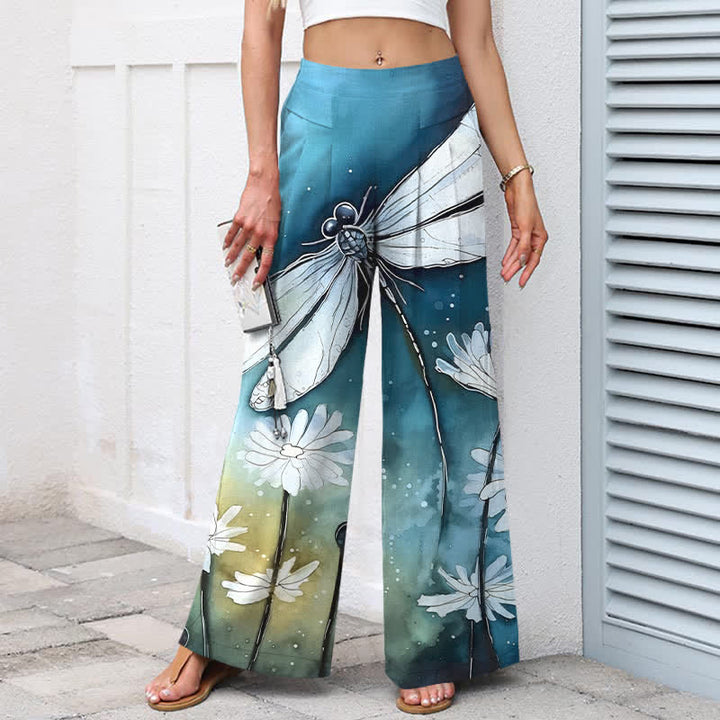 Buddha Stones Cotton Linen Dragonfly Daisy Pattern Women's Elastic Waist Wide Leg Pants With Pockets - image 1