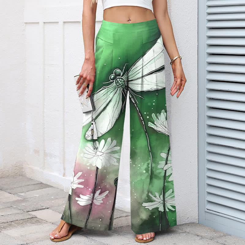 Buddha Stones Cotton Linen Dragonfly Daisy Pattern Women's Elastic Waist Wide Leg Pants With Pockets - image 7