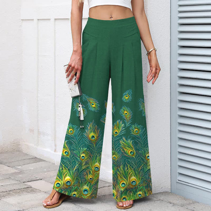 Buddha Stones Cotton Linen Peacock Feather Pattern Women's Elastic Waist Wide Leg Pants With Pockets - image 5