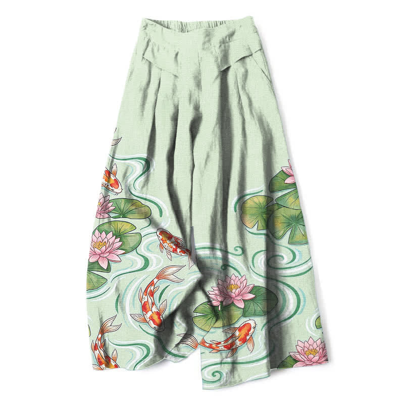 Buddha Stones Cotton Linen Koi Fish Pink Lotus Pond Pattern Women's Elastic Waist Wide Leg Pants With Pockets - MintCream - US16，UK/AU20，EU48 (3XL) - image 4