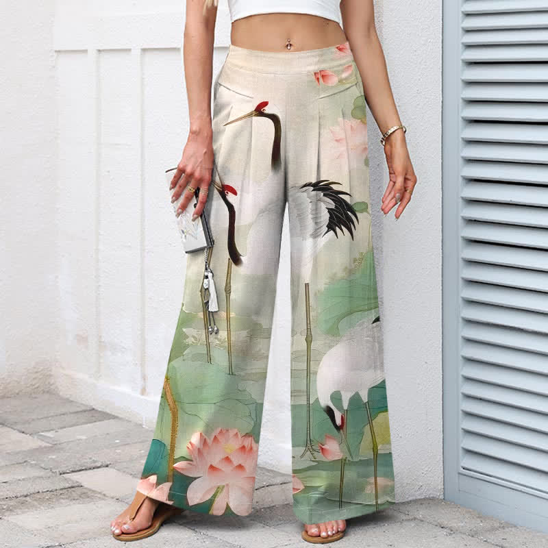 Buddha Stones Cotton Linen Crane Lotus Pattern Women's Elastic Waist Wide Leg Pants With Pockets - image 1