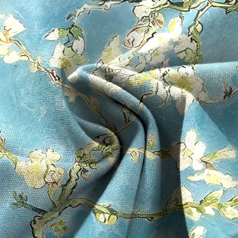 Buddha Stones Cotton Linen Blue Floral Cat Pattern Women's Elastic Waist Wide Leg Pants With Pockets - image 3
