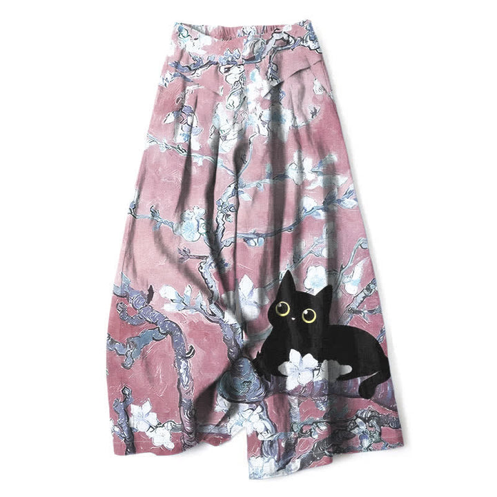 Buddha Stones Cotton Linen Blue Floral Cat Pattern Women's Elastic Waist Wide Leg Pants With Pockets - LightPink - US16，UK/AU20，EU48 (3XL) - image 6