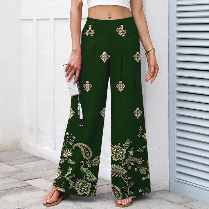 Buddha Stones Cotton Linen Bohemian Floral Paisley Pattern Women's Elastic Waist Wide Leg Pants With Pockets - image 1