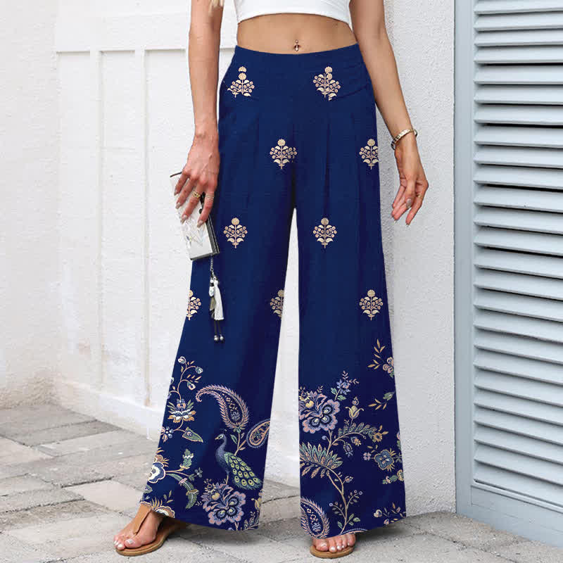 Buddha Stones Cotton Linen Bohemian Floral Paisley Pattern Women's Elastic Waist Wide Leg Pants With Pockets - image 7
