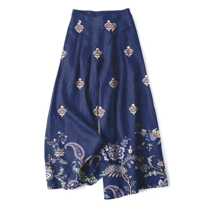 Buddha Stones Cotton Linen Bohemian Floral Paisley Pattern Women's Elastic Waist Wide Leg Pants With Pockets - Navy - US16，UK/AU20，EU48 (3XL) - image 6