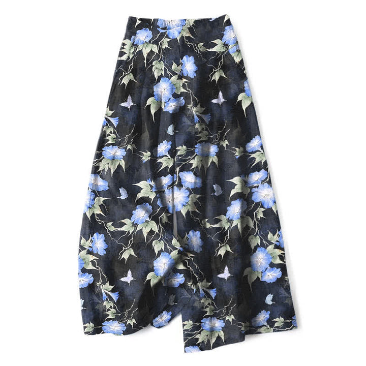 Buddha Stones Cotton Linen Blue Floral Leaves Pattern Women's Elastic Waist Wide Leg Pants With Pockets - CornflowerBlue - US16，UK/AU20，EU48 (3XL) - image 0