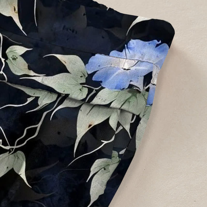 Buddha Stones Cotton Linen Blue Floral Leaves Pattern Women's Elastic Waist Wide Leg Pants With Pockets - image 2